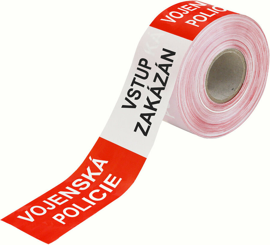 Červeno-biela vytyčovacia páska VOJENSKÁ POLÍCIA - VSTUP ZAKÁZAN - dĺžka 500 ma šírka 7,5 cm