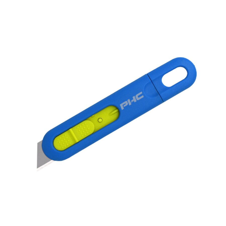 Modro-žlutý plastový bezpečnostní samozatahovací jednorázový nůž
