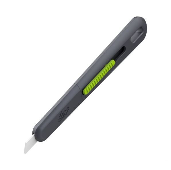 Čierno-zelený plastový samozaťahovací nôž na krabice SLICE - dĺžka 13,9 cm, šírka 2,2 cm a výška 1,1 cm