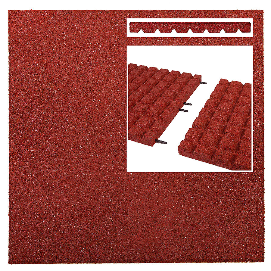 Červená gumová dopadová certifikovaná dlaždice FLOMA V45/R15 - délka 50 cm, šířka 50 cm, výška 4,5 cm