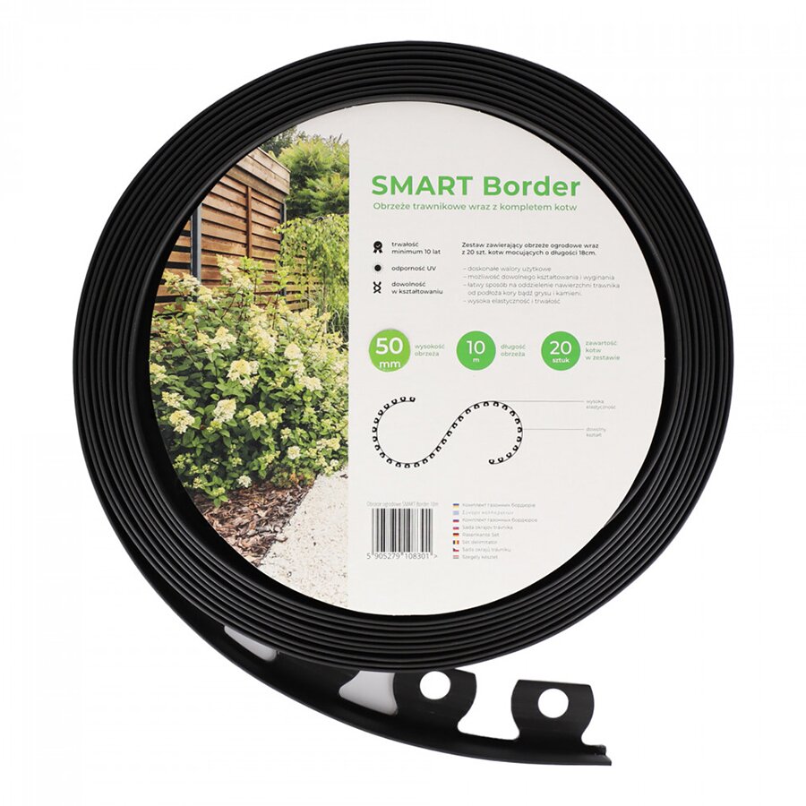 Čierny plastový záhradný obrubník Smart Border - dĺžka 10 m, šírka 1 cm a výška 5 cm