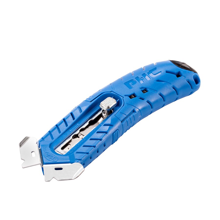 Modrý kovový bezpečnostní samozatahovací oboustranný nůž S8