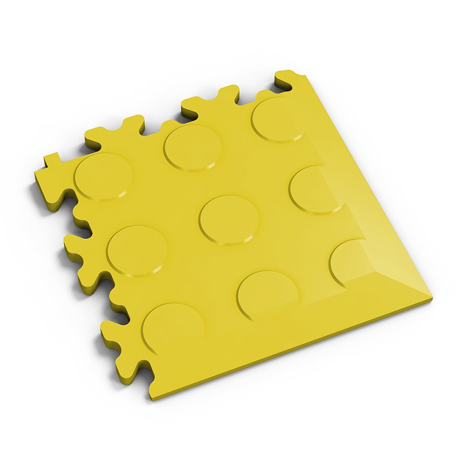 Žlutý PVC vinylový rohový nájezd Fortelock Industry Ultra (penízky) - délka 14 cm, šířka 14 cm, výška 1 cm