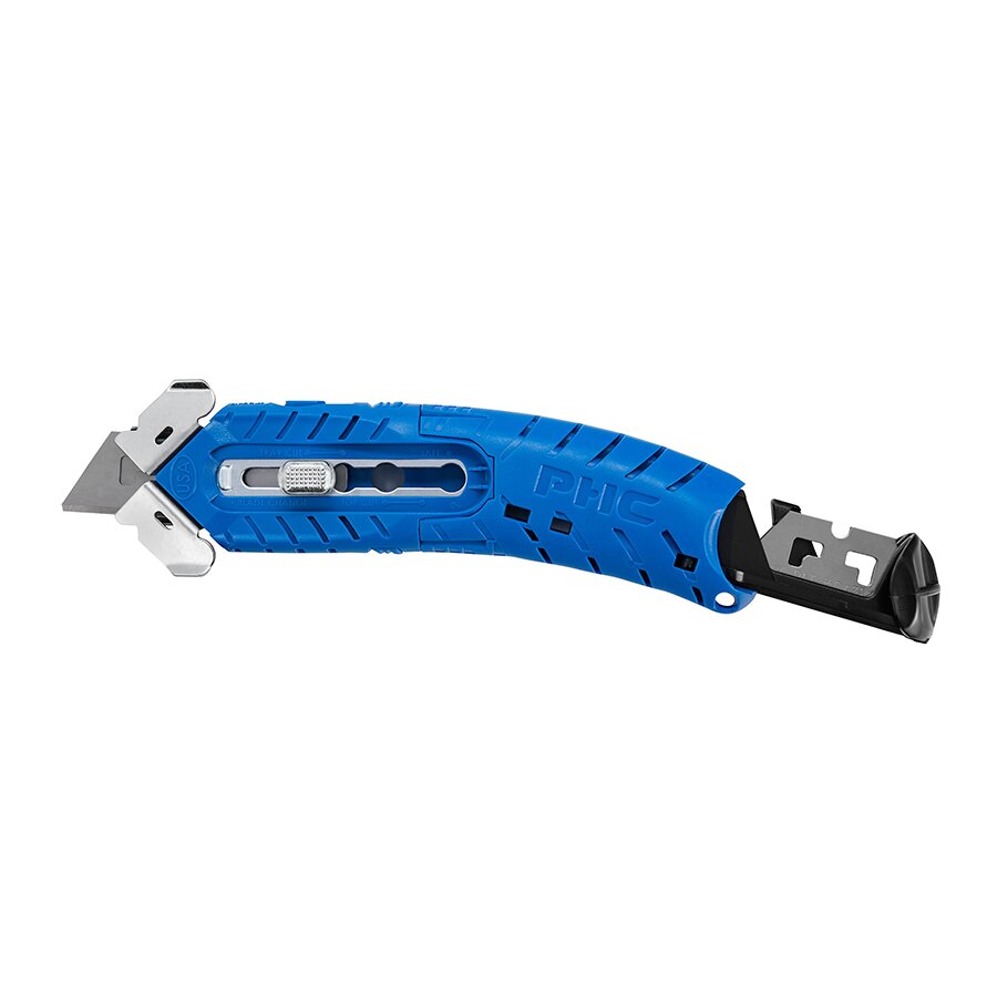 Modrý kovový bezpečnostní samozatahovací oboustranný nůž S8