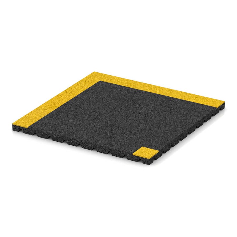 Černá gumová dlažba (žlutý pruh - levý roh) pro bezpečnostní chodníky na ploché střechy FLOMA V30/R15 - délka 120 cm, šířka 60 cm, výška 3 cm