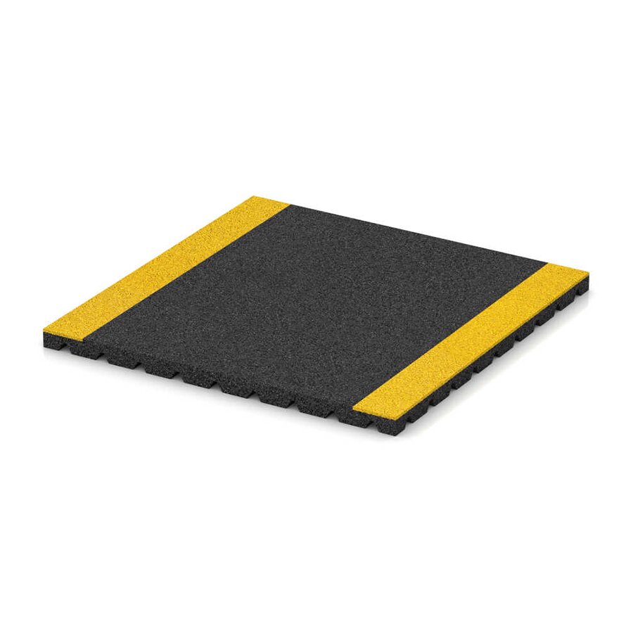 Čierna gumová dlažba s 2 žltými pruhmi na kratších stranách pre bezpečnostné chodníky na ploché strechy FLOMA V30/R15 - dĺžka 60 cm, šírka 120 cm, výška 3 cm