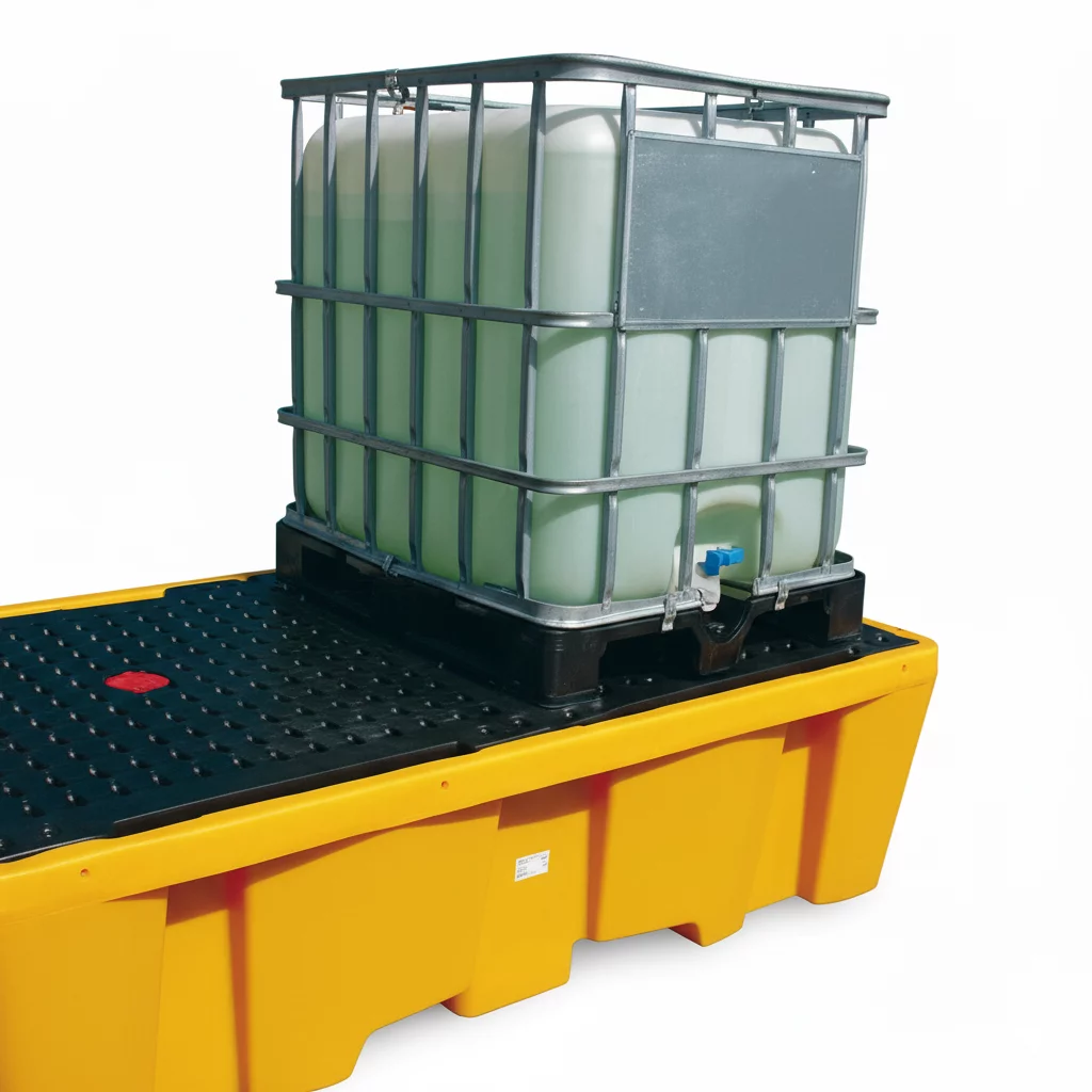 Auffangbecken aus Kunststoff mit Rostgitter für IBC-Container - Volumen 1100 l - Länge 245 cm, Breite 145 cm, Höhe 57,5 cm