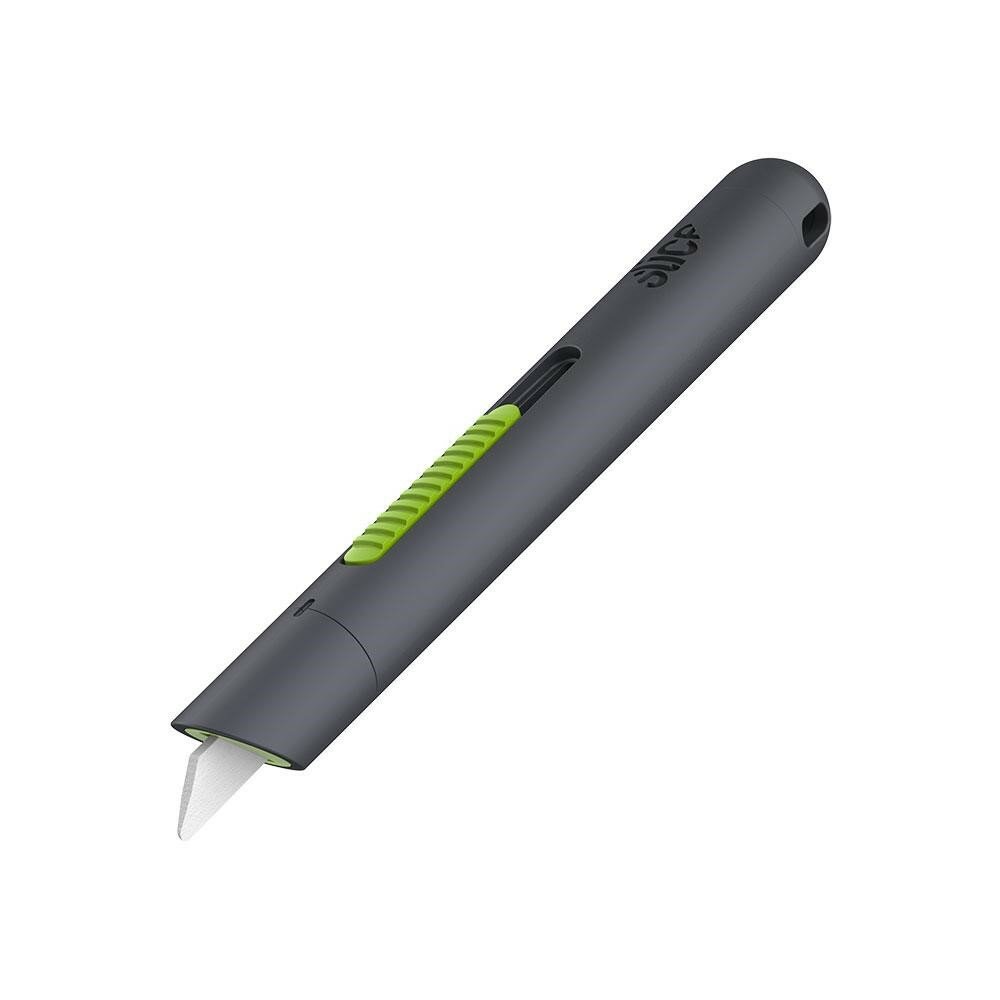 Čierno-zelený plastový samozaťahovací nôž na krabice SLICE - dĺžka 13,4 cm, šírka 1,7 cm a výška 1,7 cm