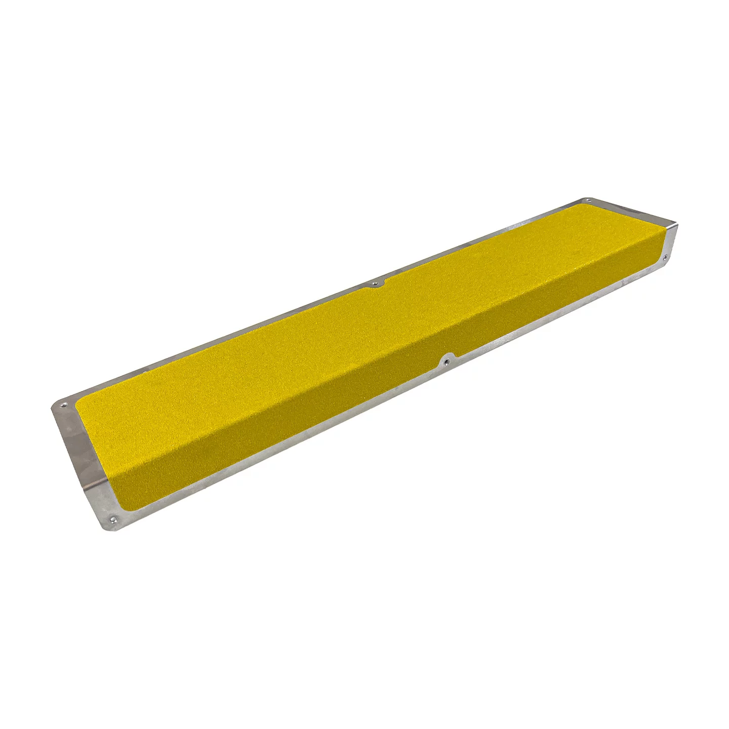 Žltý hliníkový protišmykový nášľap na schody FLOMA Bolt Down Plate - dĺžka 63,5 cm, šírka 12 cm, výška 4,5 cm, hrúbka 1,6 mm