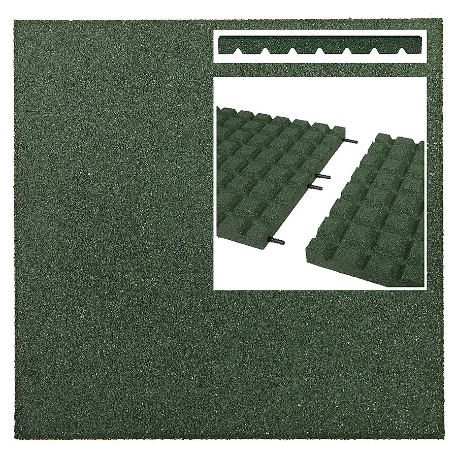 Zelená gumová certifikovaná dopadová dlažba bez kříže FLOMA V45/R15 - délka 100 cm, šířka 100 cm, výška 4,5 cm