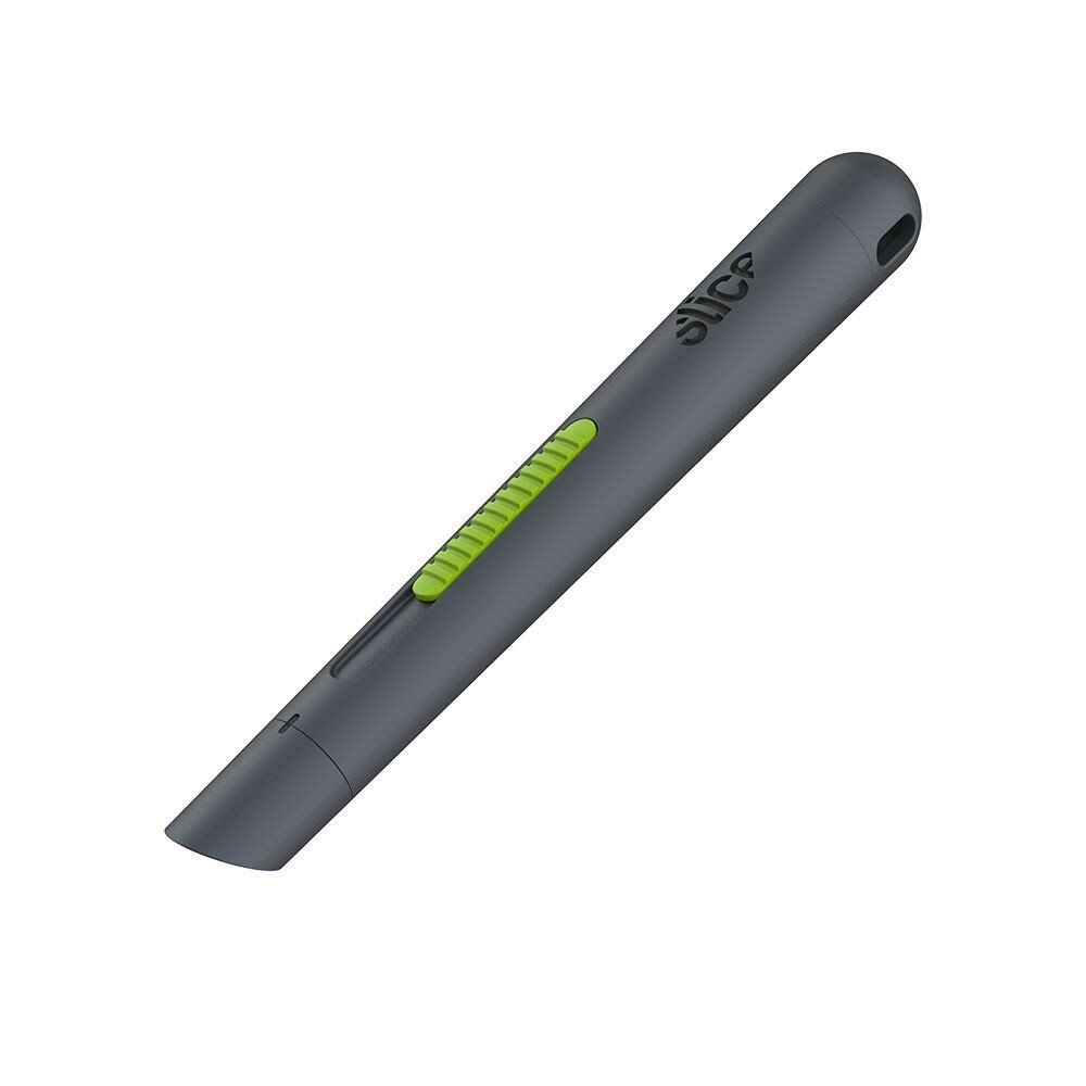 Černo-zelený plastový samozatahovací nůž na krabice SLICE - délka 13,4 cm, šířka 1,7 cm a výška 1,7 cm