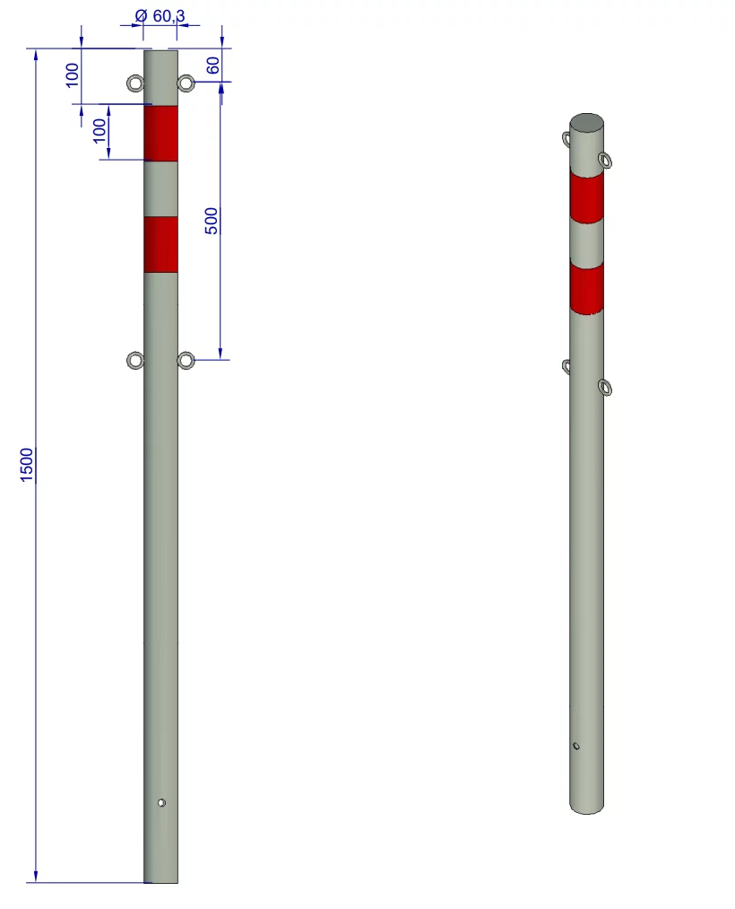 Słupek parkingowy stalowy biało-czerwony z oczkami - średnica 6 cm, wysokość 150 cm