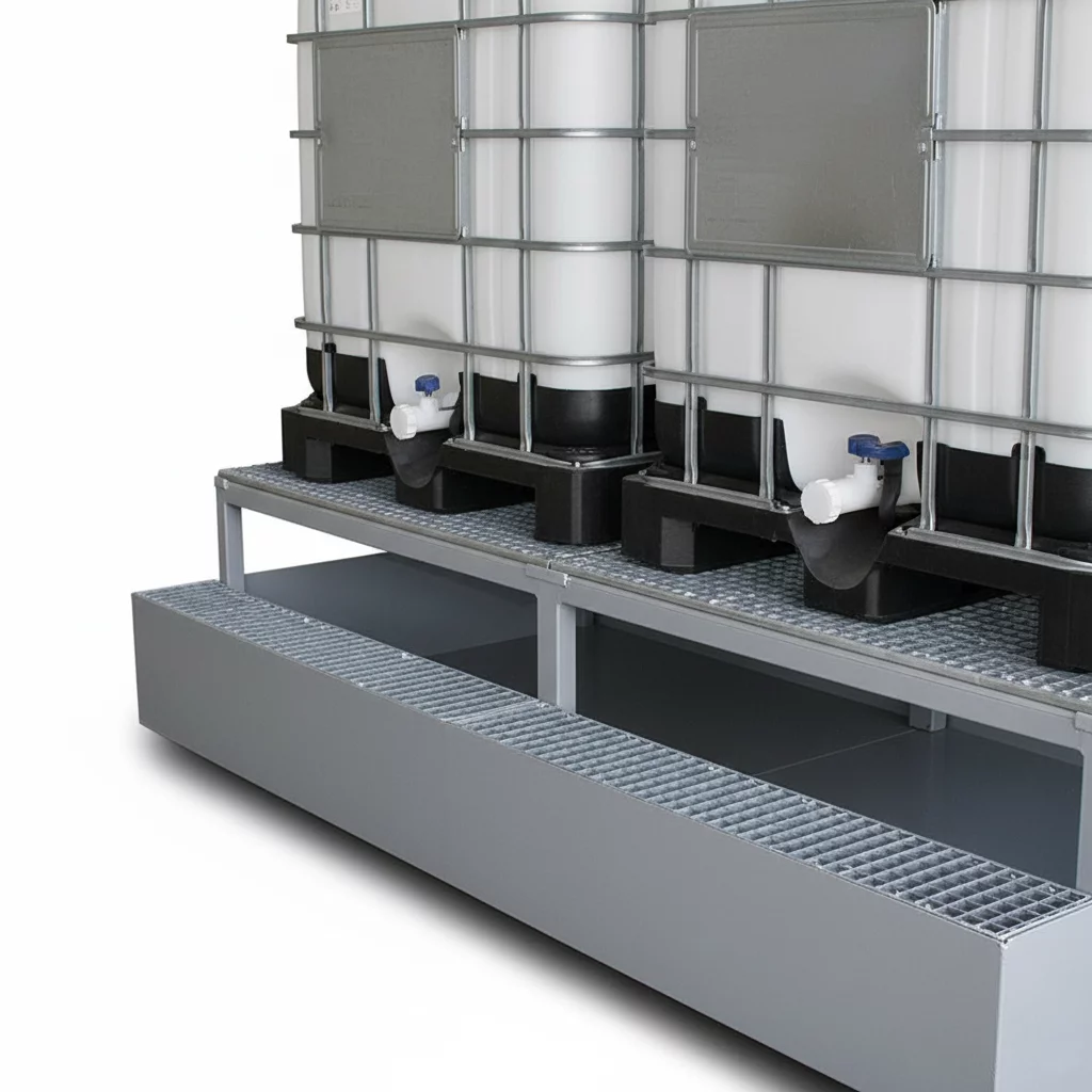 Auffangbecken mit Rostgitter für IBC-Container - Volumen 1080 l - Länge 240 cm, Breite 150 cm, Höhe 66 cm