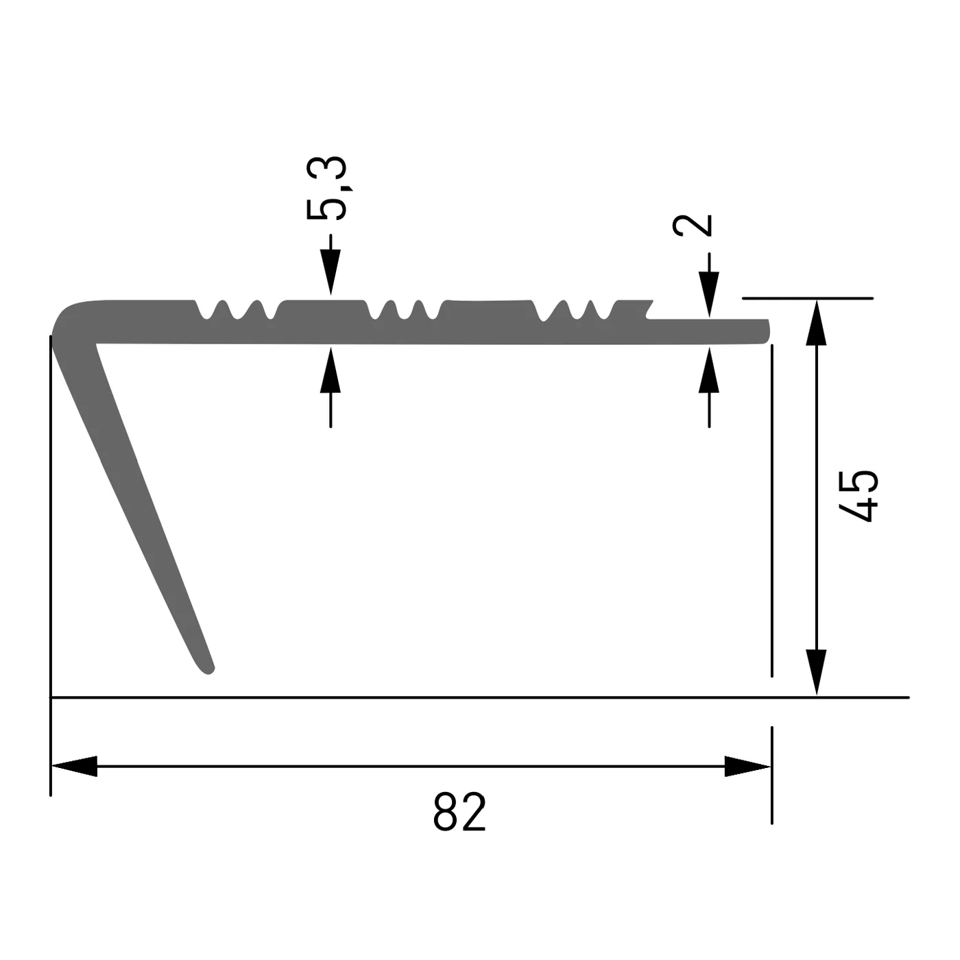 Listwa schodowa antypoślizgowa z tworzywa sztucznego PVC brązowa F545 - długość 250 cm, szerokość 8,2 cm, wysokość 4,5 cm