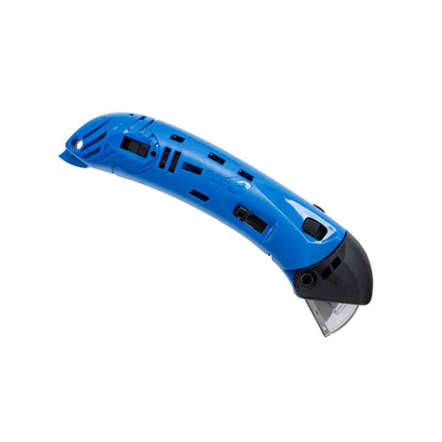 Černo-modrý plastový bezpečnostní samozatahovací nůž