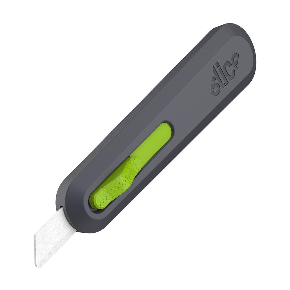 Černo-zelený plastový univerzální samozatahovací nůž SLICE - délka 15,4 cm, šířka 3,6 cm a výška 2,2 cm