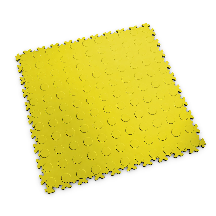 Žlutá PVC vinylová zátěžová dlažba Fortelock Industry (penízky) - délka 51 cm, šířka 51 cm, výška 0,7 cm