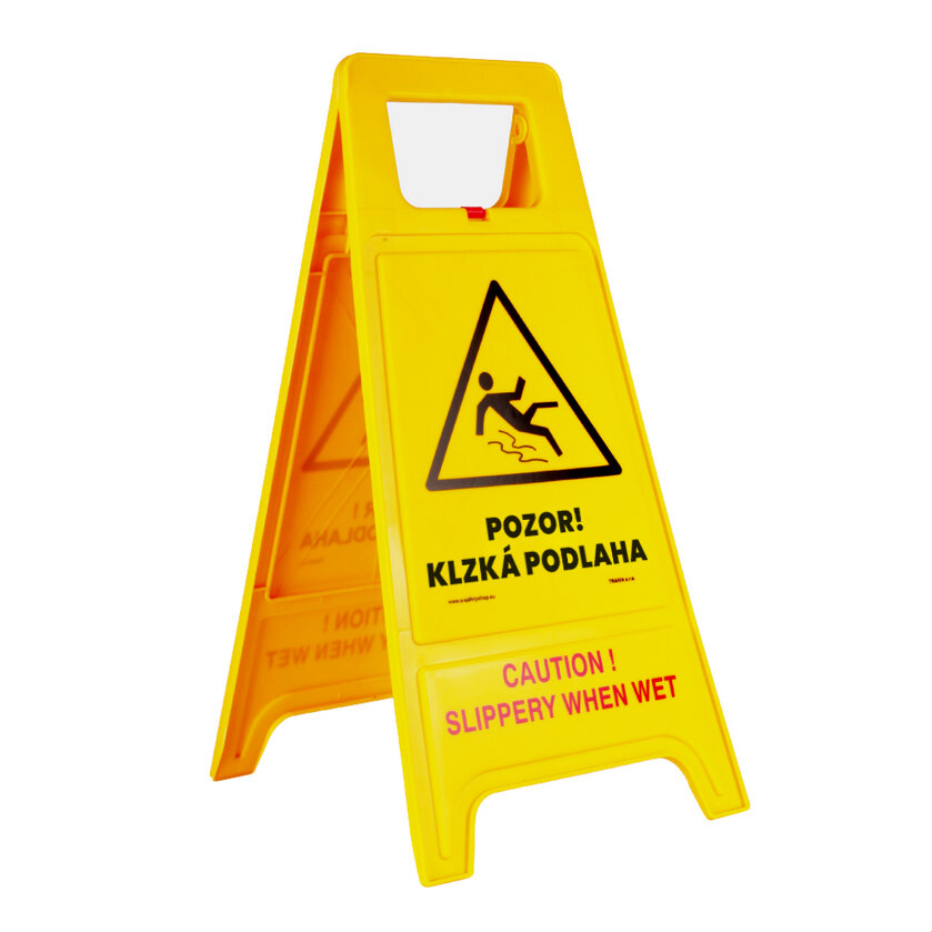 Žltý PVC výstražný výstražný stojan &quot;Pozor! Klzká podlaha&quot; - dĺžka 61,5 cm, šírka 30 cm