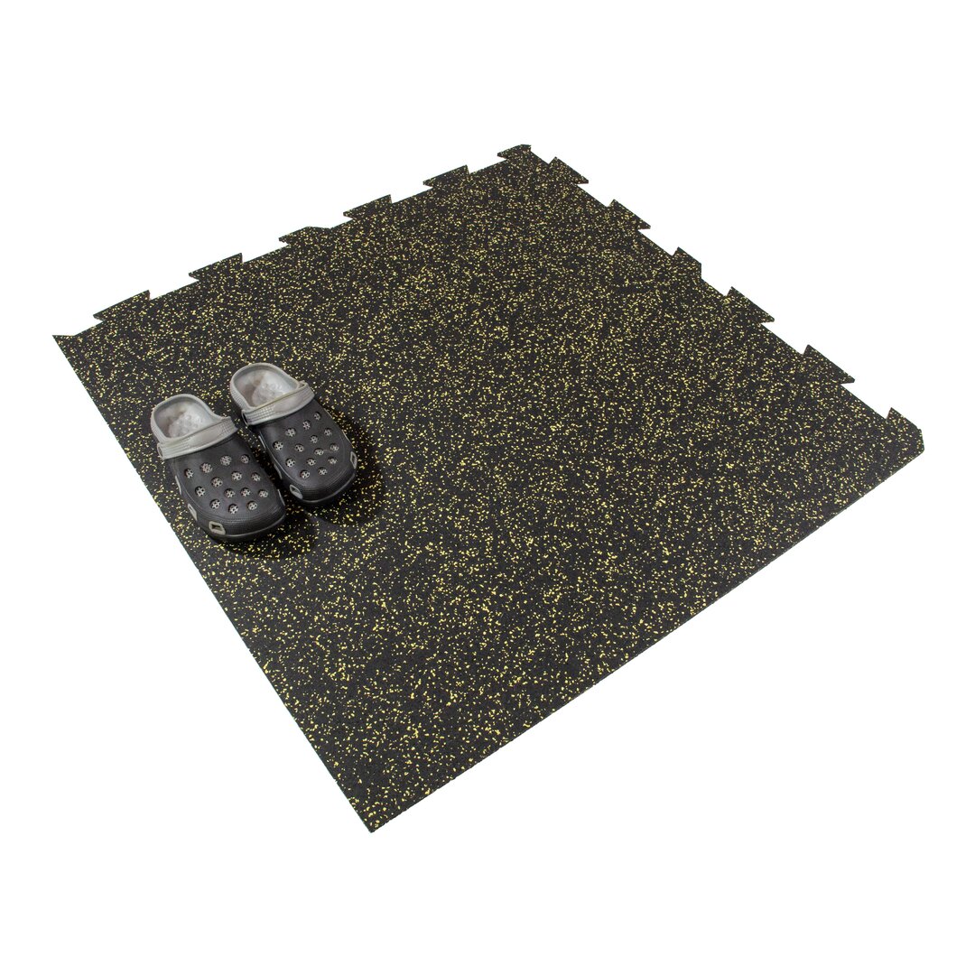 Černo-žlutá gumová puzzle modulová dlaždice (roh) FLOMA SF1050 FitFlo - délka 100 cm, šířka 100 cm, výška 1,6 cm