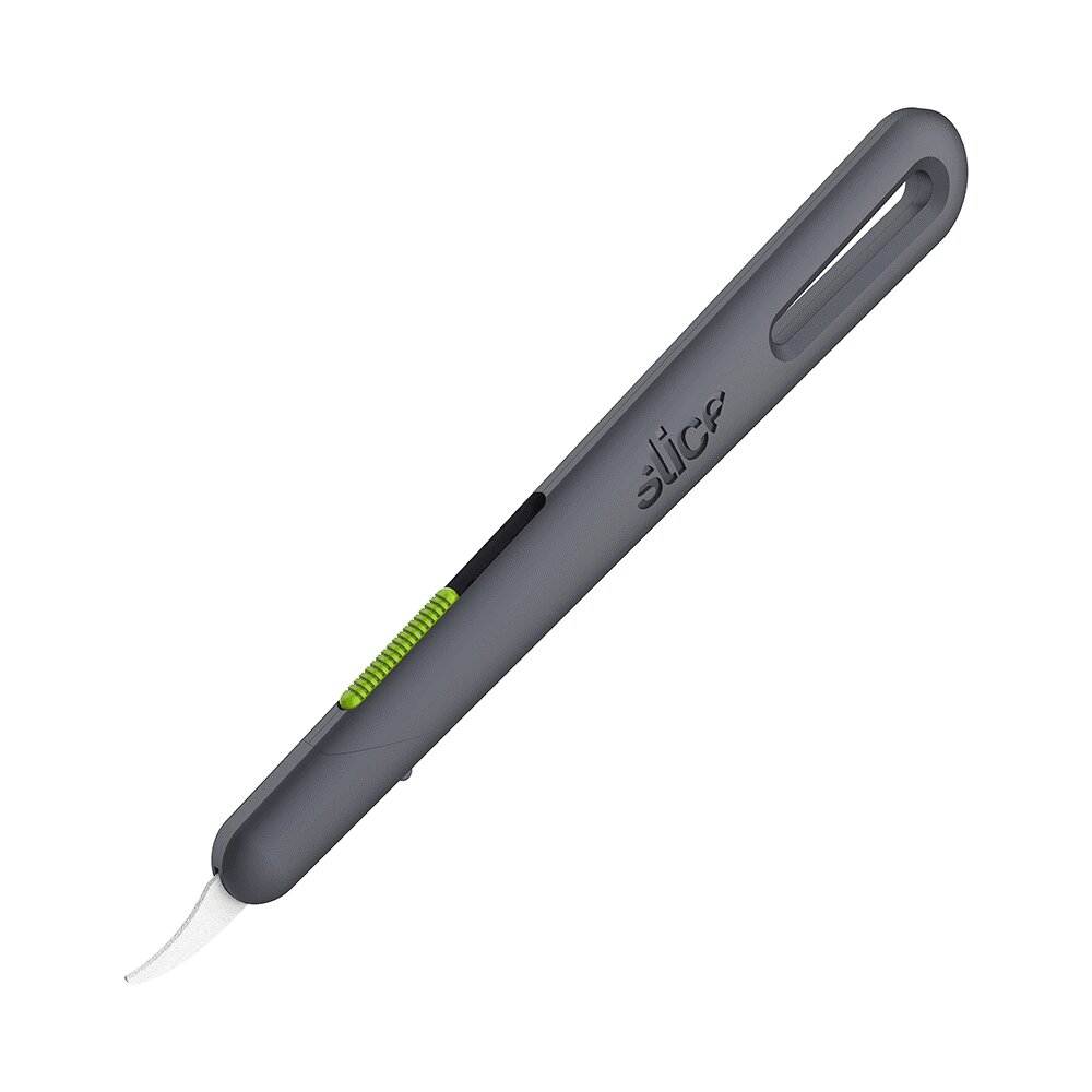 Černo-zelený plastový rozparovací samozatahovací nůž SLICE - délka 14,7 cm, šířka 2,1 cm a výška 0,8 cm