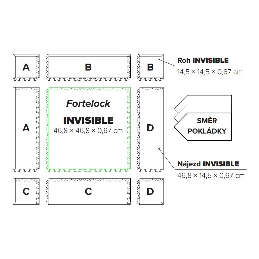 Černá PVC vinylová zátěžová dlažba Fortelock Invisible - délka 46,8 cm, šířka 46,8 cm a výška 0,67 cm