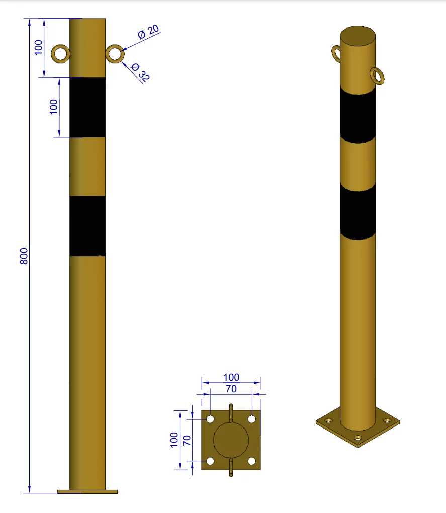 Słupek parkingowy stalowy żółto-czarny z oczkami - średnica 6 cm, wysokość 80 cm