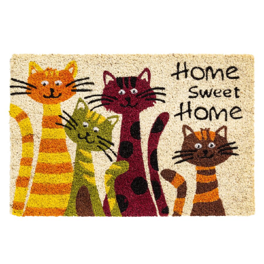 Kokosová vnútorná čistiaca vstupná rohož FLOMA Ruco Cats Home Sweet Home - dĺžka 40 cm, šírka 60 cm a výška 1,5 cm