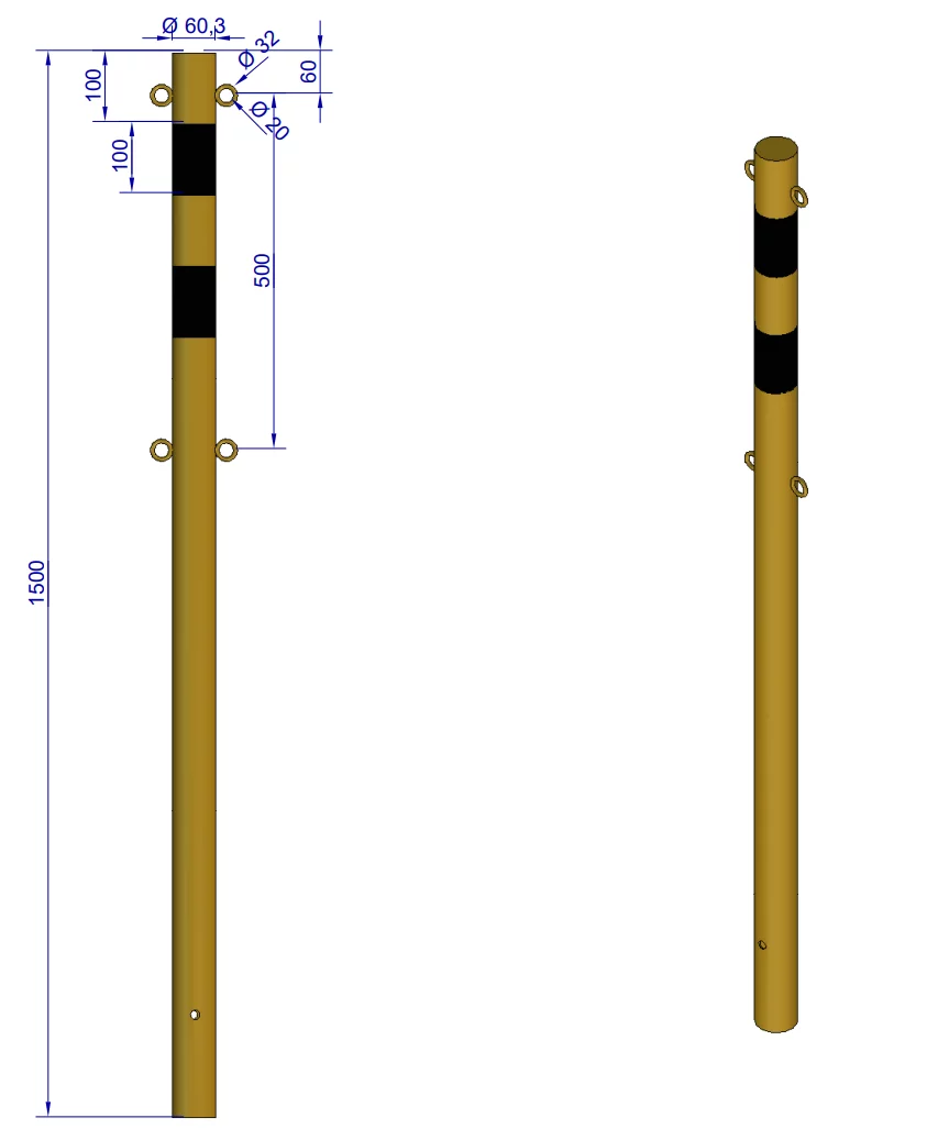 Słupek parkingowy stalowy żółto-czarny z oczkami - średnica 6 cm, wysokość 150 cm