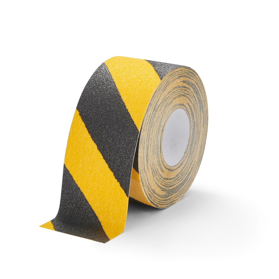 Čierno-žltá korundová protišmyková páska FLOMA Hazard Super - dĺžka 18,3 m, šírka 10 cm a hrúbka 1 mm