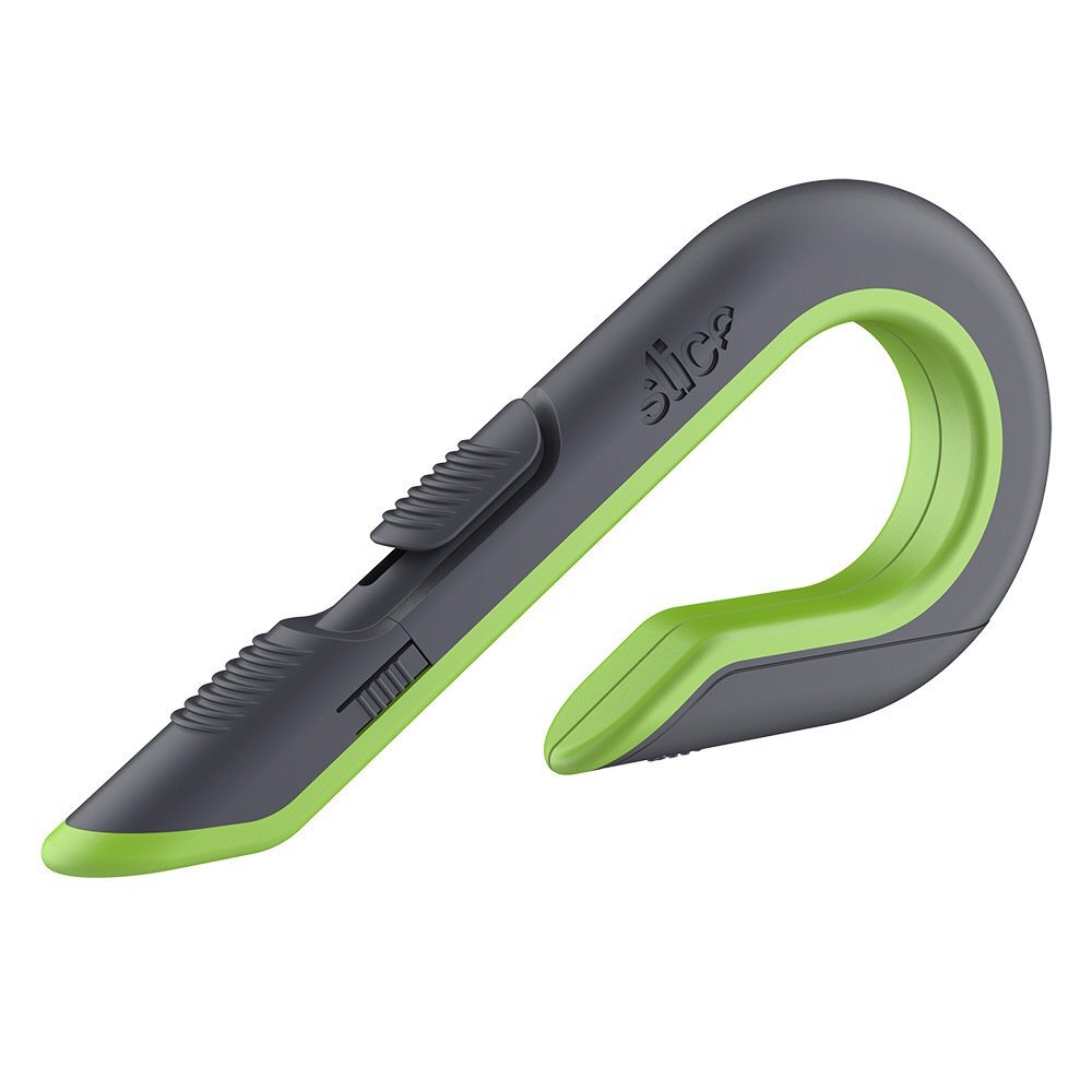 Černo-zelený plastový samozatahovací nůž na krabice SLICE - délka 17 cm, šířka 8,6 cm a výška 1,8 cm
