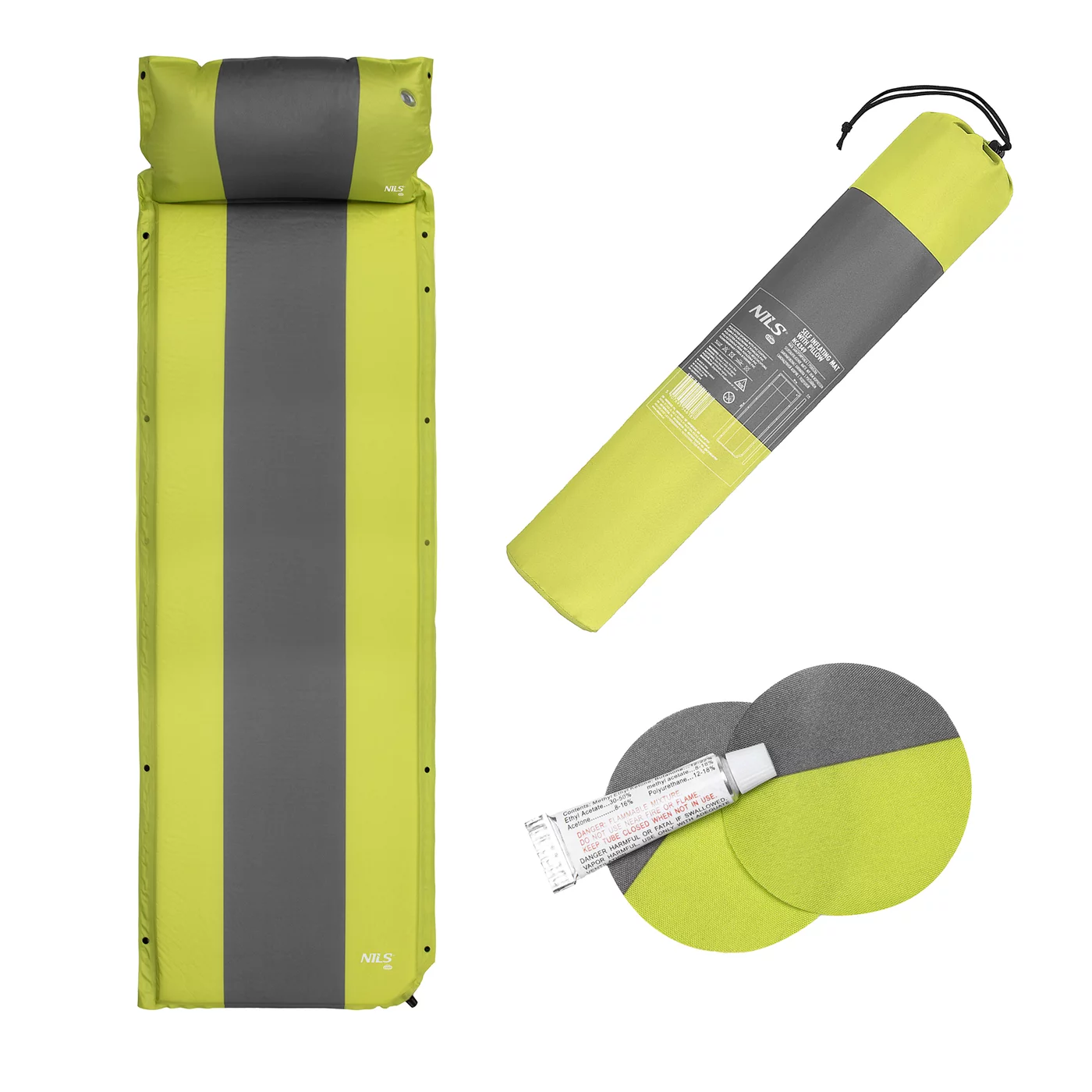 Aufblasbare Isomatte mit Kopfstütze NILS CAMP NC4349 - Länge 193 cm, Breite 58 cm, Höhe 3 cm - Grau-Grün