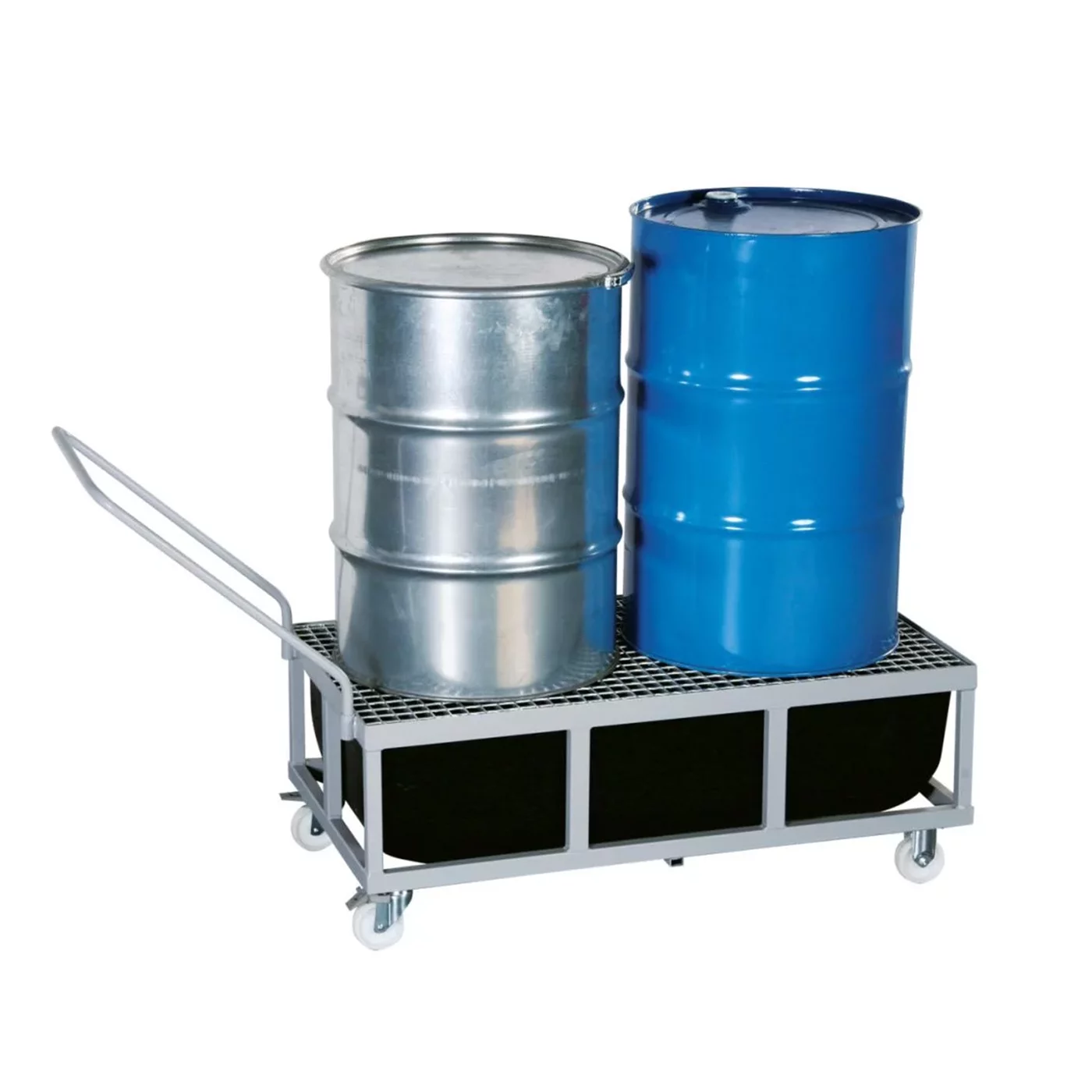 Fasswagen mit Auffangwanne aus Metall mit Rostgitter - Volumen 200 l - Länge 128 cm, Breite 68 cm, Höhe 48,5 cm