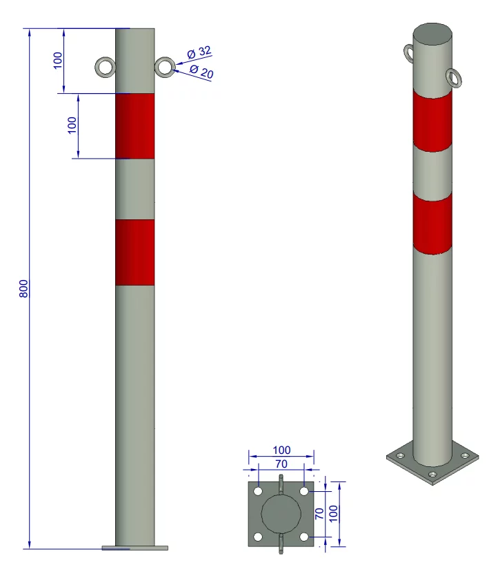 Słupek parkingowy stalowy biało-czerwony z oczkami - średnica 6 cm, wysokość 80 cm