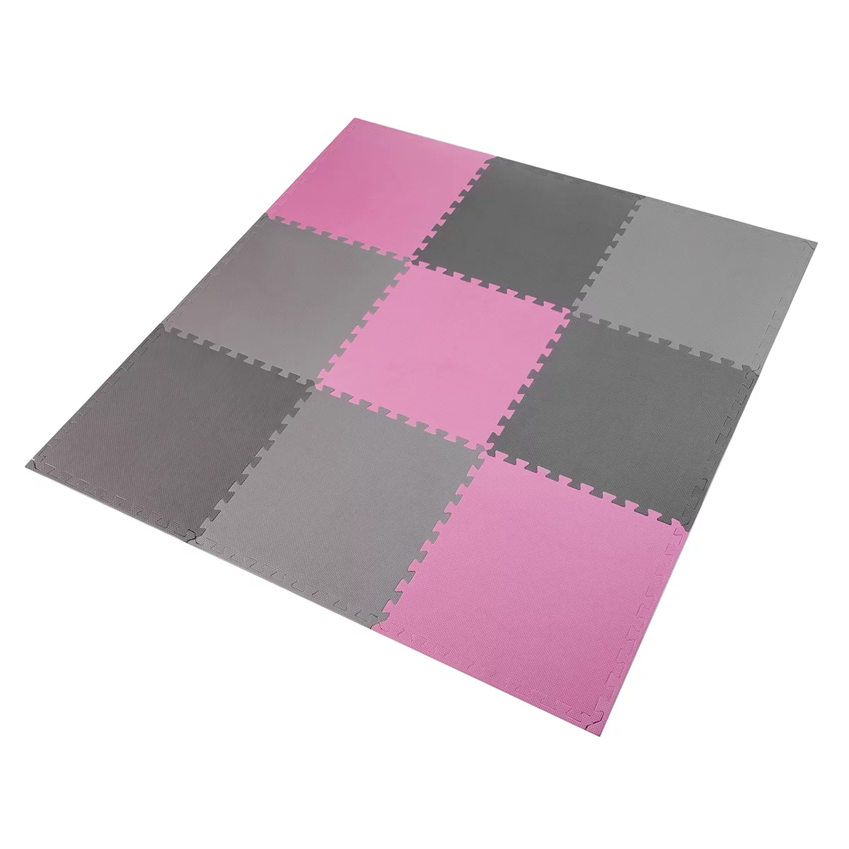 Puzzle Fitnessboden aus Schaumstoff Und aus Gummi (9 Stck.) ONE FITNESS - Länge 180 cm, Breite 180 cm, Höhe 1 cm - Rosa-Grau