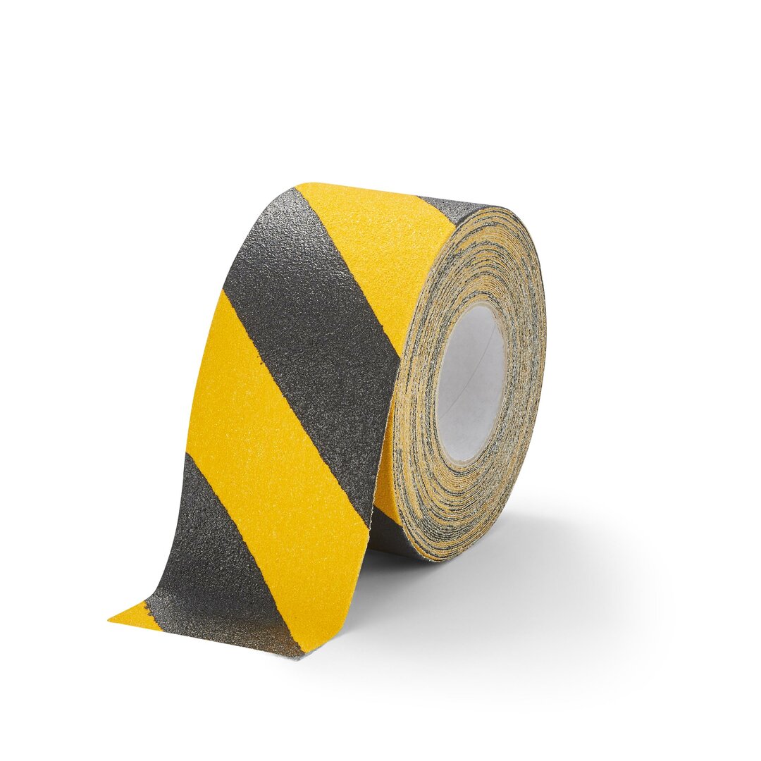 Čierno-žltá korundová protišmyková páska pre nerovné povrchy FLOMA Hazard Conformable - dĺžka 18,3 m, šírka 10 cm, hrúbka 1,1 mm