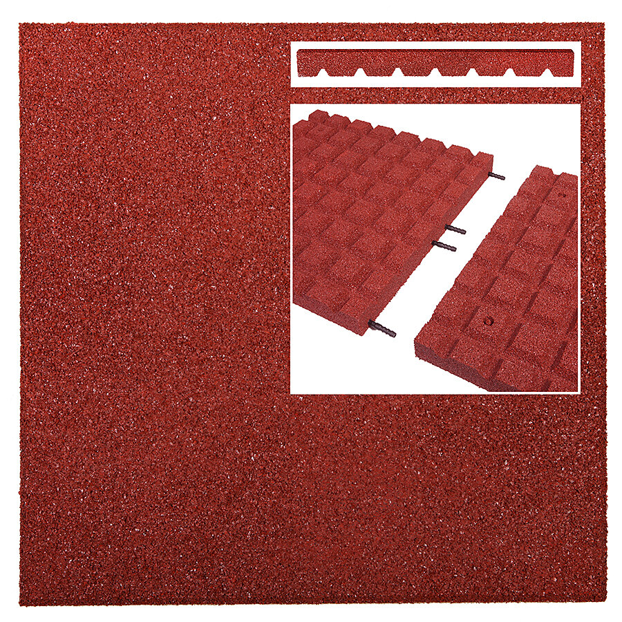 Červená gumová certifikovaná dopadová dlažba bez kříže FLOMA V50/R15 - délka 100 cm, šířka 100 cm, výška 5 cm