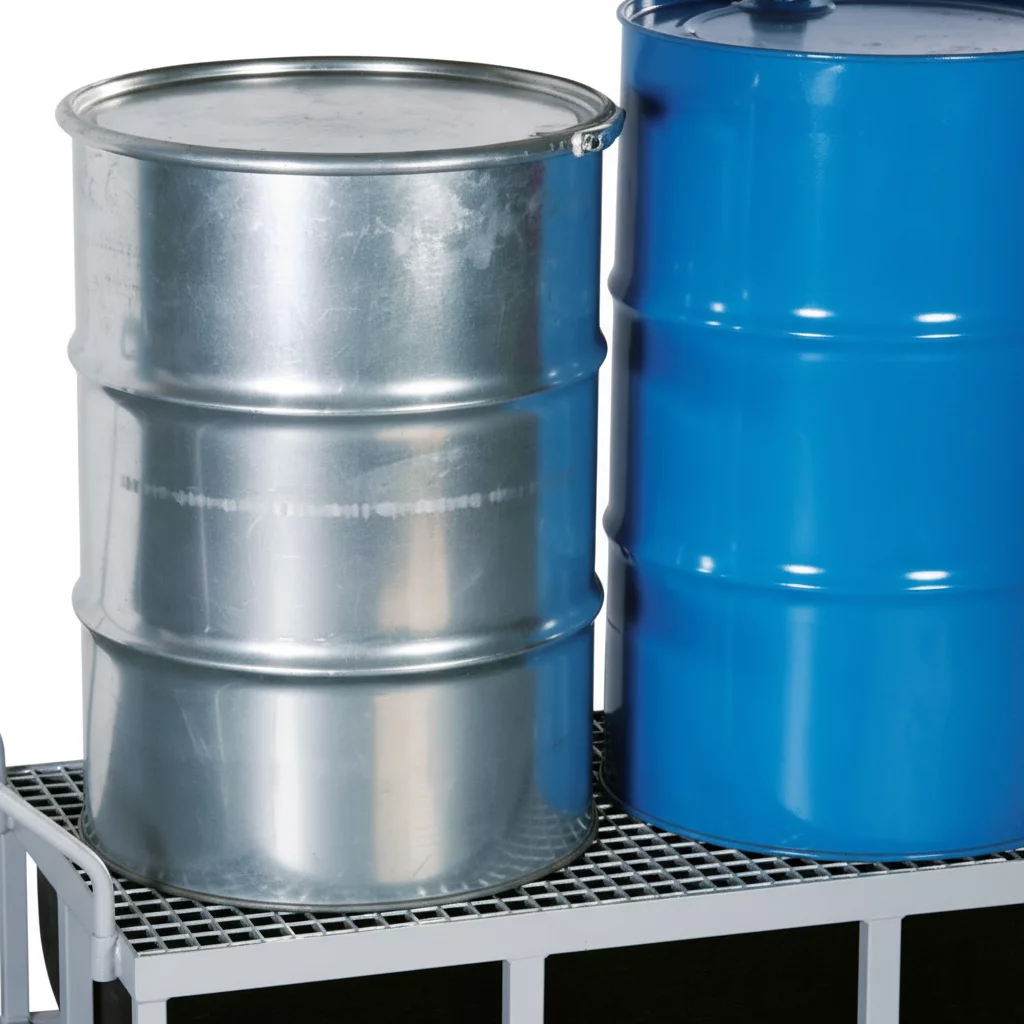 Fasswagen mit Auffangwanne aus Metall mit Rostgitter - Volumen 200 l - Länge 128 cm, Breite 68 cm, Höhe 48,5 cm