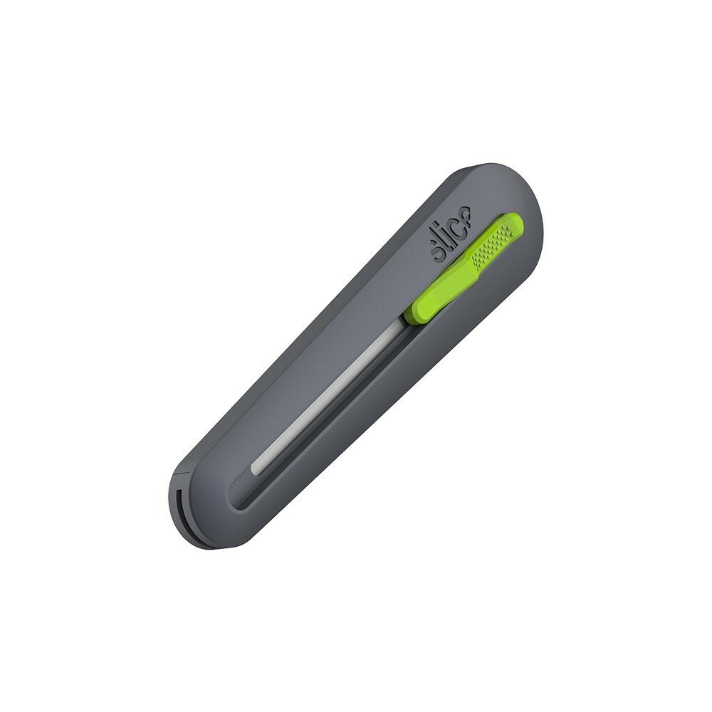 Černo-zelený plastový průmyslový samozatahovací univerzální nůž SLICE - délka 15,5 cm, šířka 3,4 cm a výška 2,2 cm