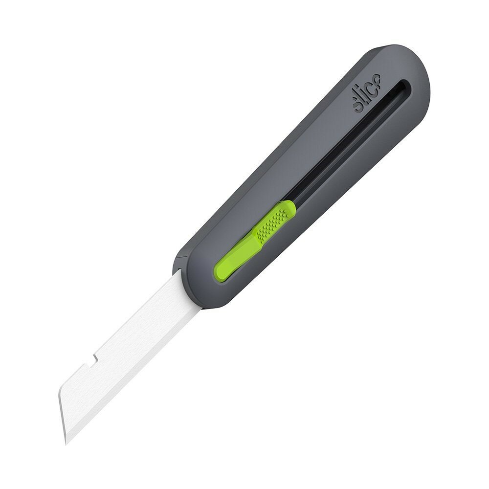 Čierno-zelený plastový priemyselný samozaťahovací univerzálny nôž SLICE - dĺžka 15,5 cm, šírka 3,4 cm a výška 2,2 cm