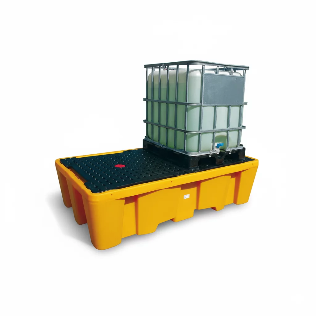 Auffangbecken aus Kunststoff mit Rostgitter für IBC-Container - Volumen 1100 l - Länge 245 cm, Breite 145 cm, Höhe 57,5 cm