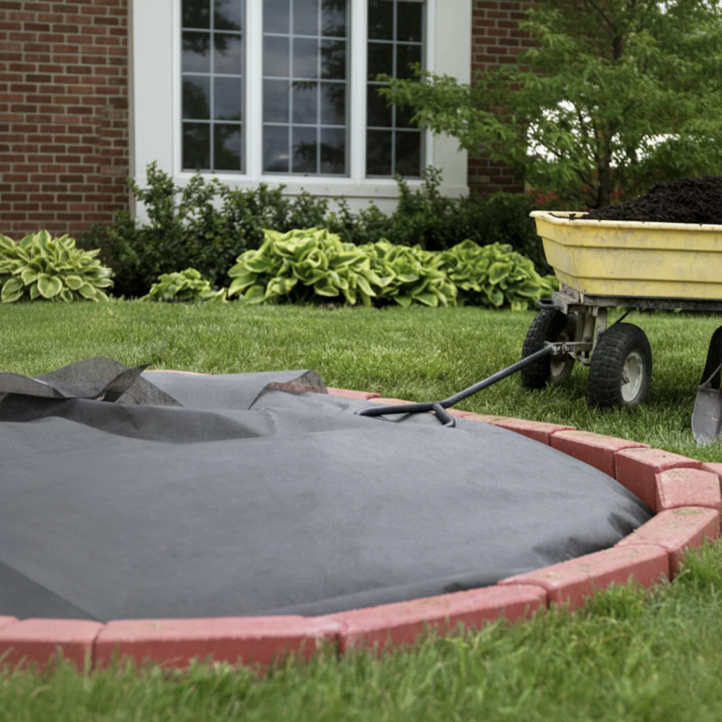 Geotextília používaná na zakrytie kruhového kvetinového záhonu